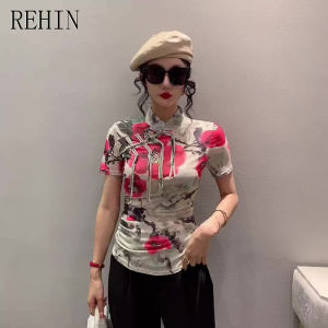 REHIN Womens top Buckle stand collar high-neck short-sleeved T-shirt printed base shirt European style fashion retro slim fit S-3XL blouse