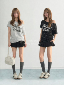 ARCG | Vintage Style Dots Off-Shoulder T-Shirt