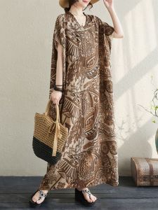 ชุดเดรสยาวทรงเอผ้าลินินลายดอกไม้หลวมๆ สำหรับผู้หญิง ฤดูร้อน 2024 แขนกุด เอวสูง คอวี กระโปรงทรงเอ แฟชั่นสตรีท