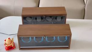 *พร้อมส่ง*ไฟLED กล่องหมุนนาฬิกา 4 เรือน(วอลนัทสีดำไม้) Watch Winder กล่องนาฬิกา กล่องหมุนนาฬิกาอัตโนมัติ ห้าเกียร์ปรับได