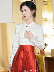 Elegant Long Sleeve Embroidered Shirt Stand Collar Traditional Chinese Style Top for Matching with Horse Tail Skirt