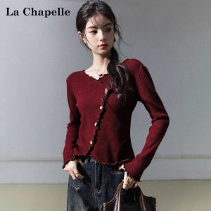 La Chapelle | Purple V-Neck Asymmetrical Ruffle Edge Slim Fit Womens Sweater