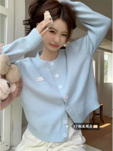 Light Blue Knitted Open Cardigan Womens Outerwear Trendy Forest System Winter 2025 New Style Commute Style Slim Fit Long Sleeve