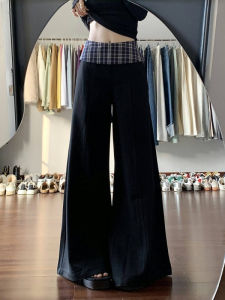 Quần Ống Rộng Cạp Cao Thiết Kế Dài Cho Nữ Quần Âu Kẻ Caro Phong Cách Công Sở Mùa Hè 2025 Quần Dài Đến Sàn Có Khóa Kéo