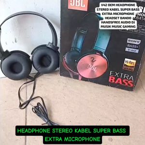 V42 ORI OEM HEADPHONE STEREO KABEL SUPER BASS EXTRA MICROPHONE HEADSET BANDO HANDSFREE AUDIO DJ MUSI
