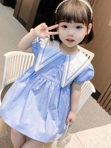 Princess Style Short Sleeve Navy Collar Lace Dress Childrens Fashionable Summer Clothes Baby Girls Dress Cotton Fabric A-Line Skirt