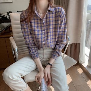 Cotton Plaid Shirt Women Spring New Retro BF Style Casual Versatile Collar Long Sleeve Fashionable Atmosphere Regular Length Loose Fit