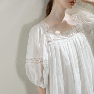 Miccbeirn | ชุดเดรสแขนยาวผ้าลินินสีขาว ทรงหลวม คอเหลี่ยม กระโปรงทรงเอ แขนยาวปานกลาง ฤดูร้อน 2023 ชุดเดรสผู้หญิงสุดหรูหรา