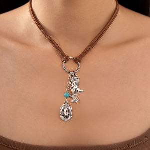 SHIXIN Vintage Cowboy Hat Cactus Boots Pendant Necklace for Women Ethnic Style Velvet Rope Chain Choker 2025 Trendy Jewelry Gift