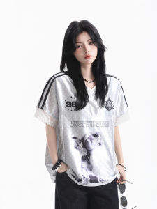 zuocisankon | Retro American Style Sport Striped Polka Dot Lace Spliced T-Shirt