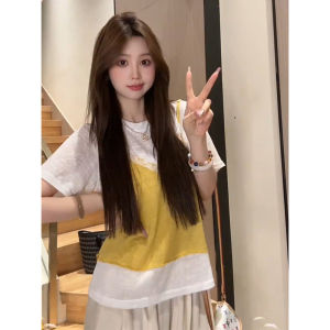 YUEZHONGWEI | Áo thun nữ tay ngắn màu vàng xếp ly ren kiểu Pháp mùa hè dáng rộng thon gọn giảm tuổi tác phong cách Hàn Quốc thường ngày