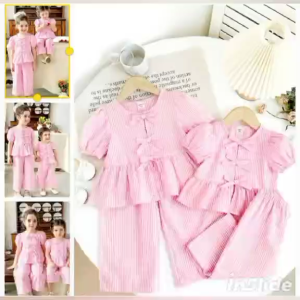 BB.Elegant Pink Striped Bowknot Blouse with Ruffle Sleeves and Wide Leg Pants Set for Women