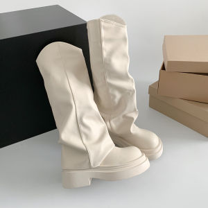 รองเท้าบูทส้นสูงสีขาว ทรงยาว สำหรับผู้หญิง ฤดูใบไม้ผลิและฤดูใบไม้ร่วง รองเท้าบูทส้นสูงแบบสวมหัวกลม ทรงลำลอง