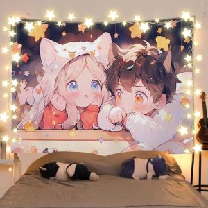 VIKAMA Night Cat Girl Couple Tapestry Cures Cute anime Background Buins Dormitory Decoration Tapestry Room Decoration