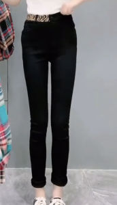 Slim Fit Leopard Print Waist Black Pencil Pants Long Leggings Base Layer Pants Womens Fashion Autumn Season Polyester Fabric