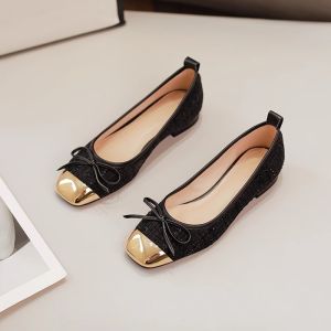 Fashionable Ballet Flat Shoes Womens Slip-On Low Heel Soft Bottom Metal Toe Flat Mouth Butterfly Knot Casual Loafers