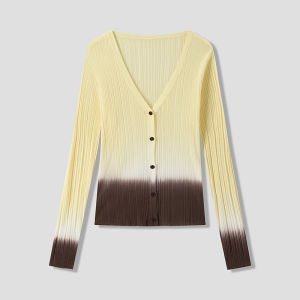 Catwalk Style Designer V-Neck Gradient Ribbed Knitted Cardigan