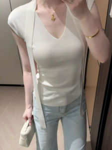 YUEZHONGWEI | White V-neck Knitted Ice Silk Short Sleeve T-shirt Womens Summer Slim Fit Short Style Top With Sash Korean Version Pure Color