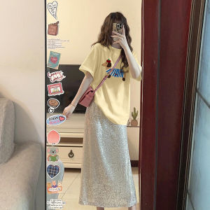 Pure Cotton Short Sleeve T-Shirt Women Summer Loose round Neck Chic Half Sleeve Light Yellow Top Durable Comfortable Breathable