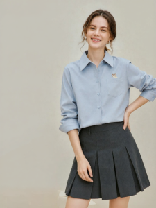 INMAN | Embroidered Velvet Trim Cotton Shirt Blue Slim Fit