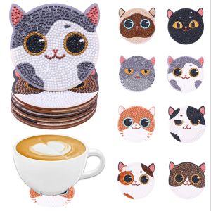 8 pieces DIY diamond painting art set Man cat pattern coaster Special shape crystal artificial diamond Mosaic craft