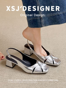 French Silver Open Toe Square Heeled Shoes for Dresses