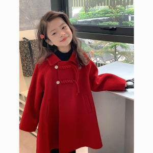 Girls Thickened Woolen Coat Red Autumn Winter Clothes Childrens Traditional New Year Outfit Princess Style Medium Length