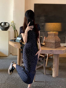 French Vintage Floral V-neck Short Sleeve Long Dress Womens Elegant Waist-cinching Mini Dress Summer New Style Bodycon Dress