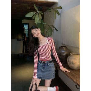 เสื้อยืดคอกว้างแขนยาวทรงสลิมฟิตสำหรับผู้หญิง MULVAN ลายทางสีดำขาว ทรงสี่เหลี่ยม ผ้าถัก แฟชั่นฤดูใบไม้ร่วง