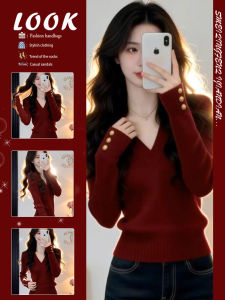 Red V-Neck Long-Sleeve Knit Sweater Warm