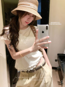 Korean Style Gentle Apricot Color 3D Floral Off-shoulder Short Sleeve T-shirt