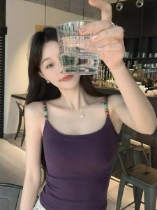 Womens Short Sleeveless Tank Top with Chest Pad Integrated Strap Vest Purple Beads Outerwear Summer Beautiful Back for Young Girls