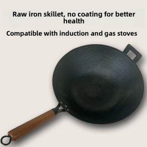 Authentic Old Style Cast Iron Wok Non-Stick Cooking Utensil Traditional Uncoated Iron Pan for Home Use Stir-Fry Kitchenware