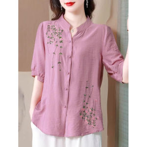 QIAOXIZI | Plus Size Cotton Linen Embroidered Womens Summer New Style Loose Fitting Slimming Shirt
