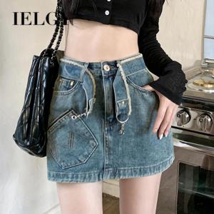 IELGY Retro High Waist Denim Skirt Womens Summer Large Size Package Hip A-Line Skirt