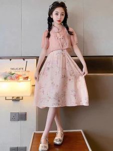 Váy Hanfu Cho Bé Gái Mùa Hè 2025 Bộ Đồ Hai Mảnh Thời Trang Mới Phong Cách Trung Hoa Cổ Điển Áo Sơ Mi Tay Ngắn Họa Tiết Hoa Khóa Kéo