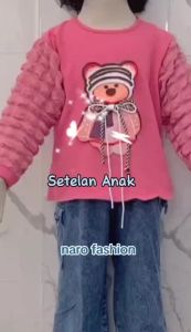 NEW Setelan Jeans Cargo Anak Perempuan Motif Karakter Beruang Pita