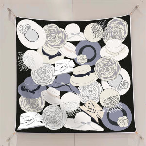Small Fragrance Style Silk Scarf 90*90 Square New Model Black White Rose Flower Sunscreen Womens Shawl Headscarf Towel Scarf