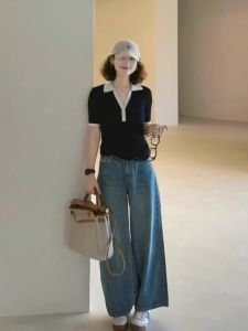 French Black Polo Shirt Knitted Short Sleeve Summer High End Feeling Ice Silk Regular Collar T-Shirt for Women