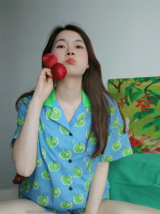 Fishhome Original Klein Blue Apple Cotton Short Sleeve Shorts Home Clothes Sleepwear Set Lightweight Summer Youth Casual Cartoon Print