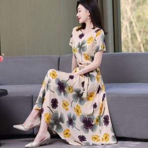 Elegant Cotton Silk Floral Long Dress Womens Summer Short Sleeve High End with Pocket Moms Dress Big Swing Skirt