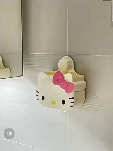 SEA JJT กล่องใส่แปรงสีฟันยาสีฟันแมว KT กล่องเก็บแบบแขวนชั้นวางของระบายน้ำได้แบบไม่ต้องเจาะรูบนผนังห้องน้ำ