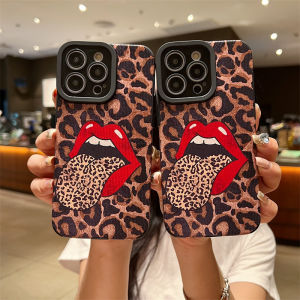 Leopard Print Red Lips Leather Texture Phone Case For iPhone 16/15/14/12/11 Pro max 12 13 mini 6 6S 7 8 Plus X XR XS max Soft Shockproof Back Shell Phone Casing Creative Phone Cover Shell with Full Cover Lens Camera Protection Cover Shell