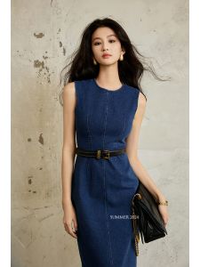 WANGXO | Slant Twill Stretch Water Washed Round Collar Sleeveless Fitted Pencil Dress