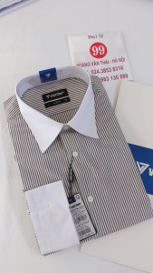 [Việt Tiến Sale] Sơ Mi Dài Tay - Slim Fit - Vạt Bầu - Kẻ sọc nâu nền trắng