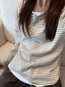 Retro Korean Style Long Sleeve T-Shirt Womens Loose Lazy Henry Collar Striped Top Early Autumn Casual Cotton Basic Fit