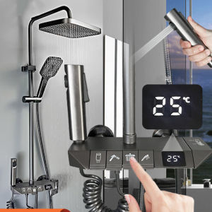 Bộ sen cây tắm đứng nóng lạnh củ sen đồng kiểu dáng phím đàn 4 chế độ mạ NANO màu ghi xám có đo nhiệt độ cao cấp - thiết kế hiện đại