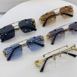 Metal Leopard Rimless Sunglasses Aviator Style Double Bridges Gradient Lenses Shades UV400 Sunglasses For Women Men Hollow Out Temple Eyewear