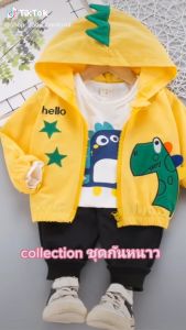 ชุดกันหนาวเด็ก ชุดแจ็คเก็ตฮู้ดเด็ก ชุด 3ชิ้น (เสื้อแขนยาวมีฮู้ด+กางเกงขายาว+เสื้อยืด) ลายการ์ตูนไดโนเสาร์สุดเท่ ไม่ซ้ำใคร (Size 80-90cm.)