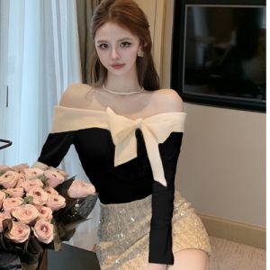 GUZILIAN | French Style Butterfly Knot Long Sleeve Womens T-shirt Beautiful Shoulder Bared Autumn New Style Pure Desire Base Shirt Inner Wear